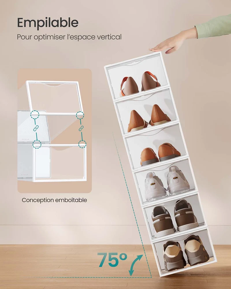Boîtes à chaussures organisateurs en plastique avec porte lot de 12 empilables montage facile 332 x 23 x 145 cm pour pointure jusqu'à 43 transparentes et blanc 12_0004465