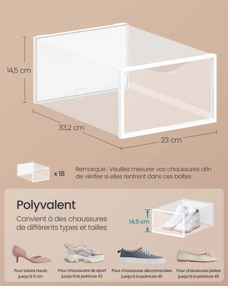 Boîtes à chaussures organisateurs en plastique avec porte lot de 12 empilables montage facile 332 x 23 x 145 cm pour pointure jusqu'à 43 transparentes et blanc 12_0004465