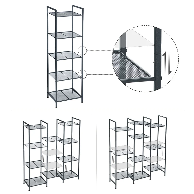 Étagère de salle de bain en métal rangement de cuisine 5 niveaux 38 x 30 x 128 cm étagère sur pied porte-plantes extensible grille réglable en hauteur style industriel noir 12_0005733
