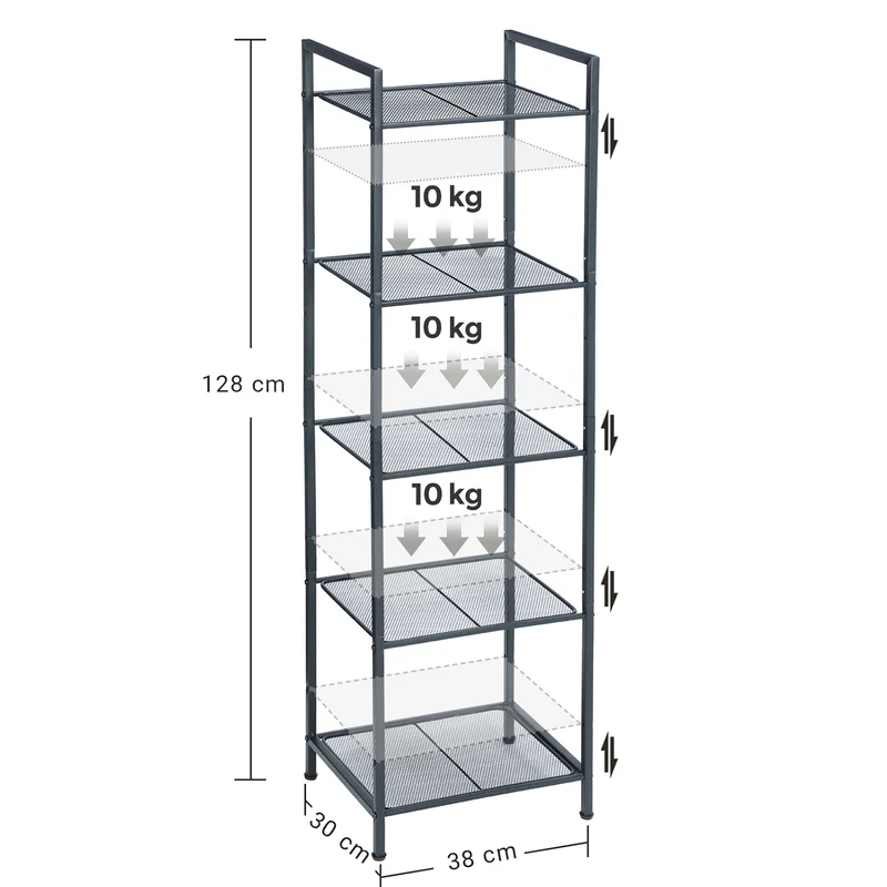 Étagère de salle de bain en métal rangement de cuisine 5 niveaux 38 x 30 x 128 cm étagère sur pied porte-plantes extensible grille réglable en hauteur style industriel noir 12_0005733