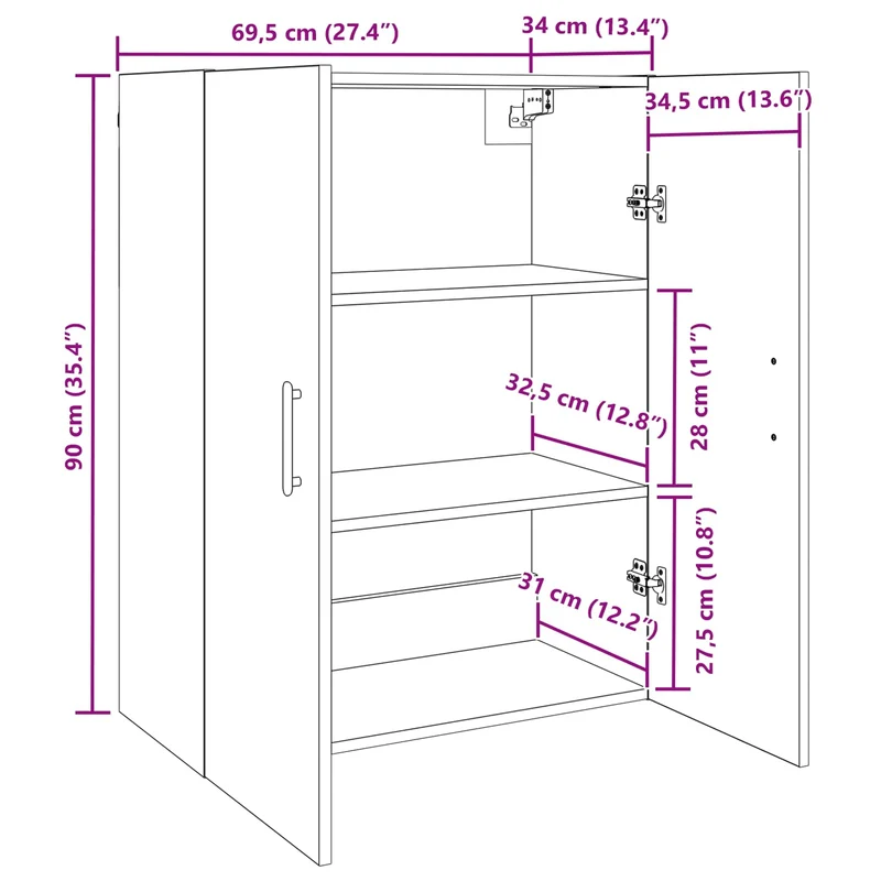 Lot de 2 armoires murales modernes avec 4 portes rangement optimisé 69,5 x 34 x 90 cm en bois d'ingénierie chêne artisanal 02_0056050