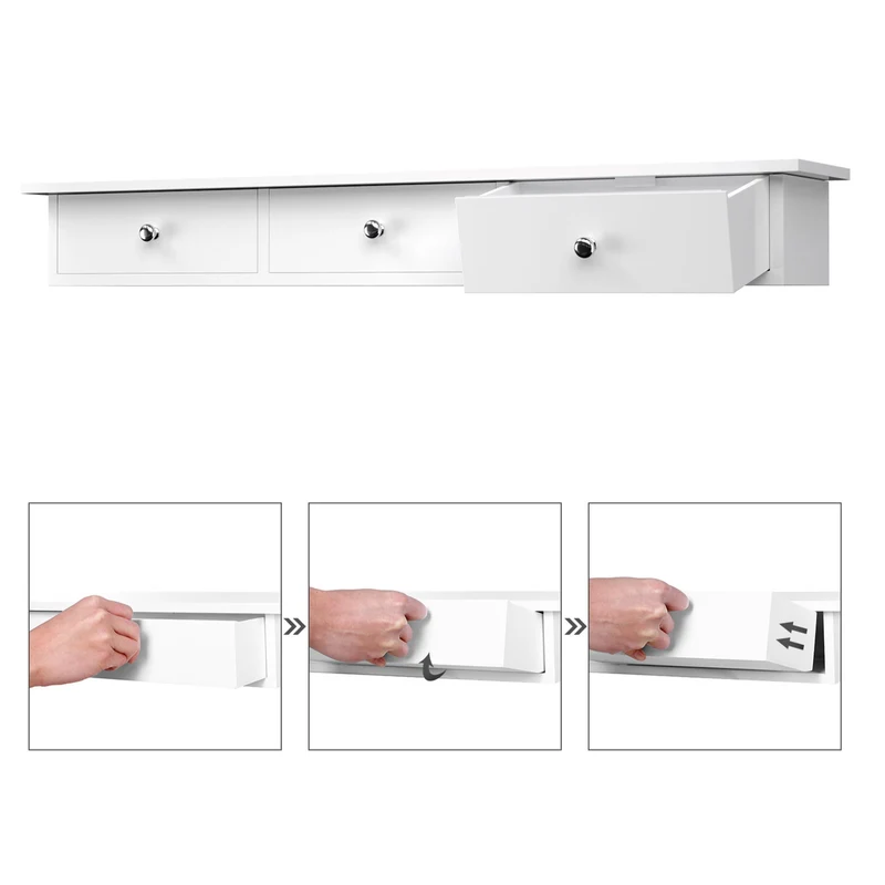 Étagère murale 3 tiroirs flottante avec meuble de rangement mur 80 x 15 x 10 cm pour couloir salon chambre à coucher cuisine peinture haute brillance blanc 12_0002399