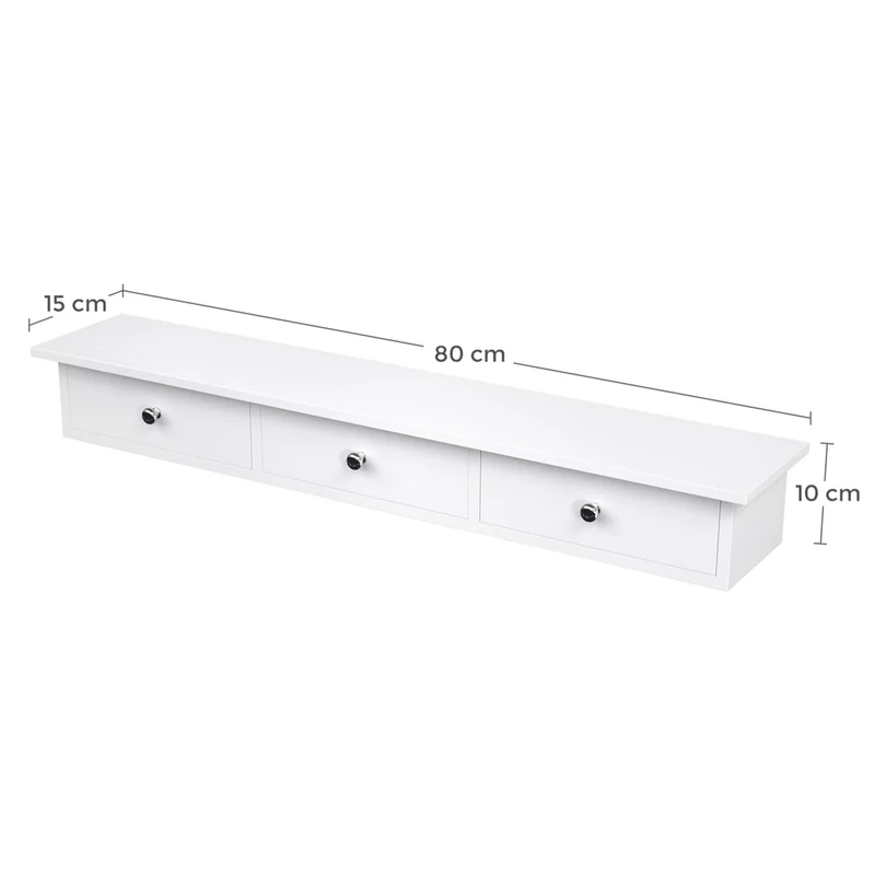 Étagère murale 3 tiroirs flottante avec meuble de rangement mur 80 x 15 x 10 cm pour couloir salon chambre à coucher cuisine peinture haute brillance blanc 12_0002399
