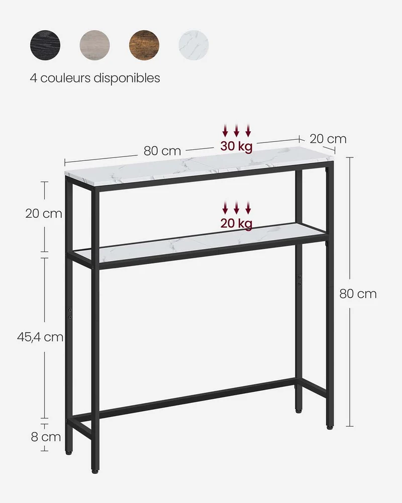 Console pour couloir table de salon fine à 2 niveaux 20 x 120 x 80 cm table d’appoint avec 2 étagères pour salon chambre blanc marbré et noir 12_0005227