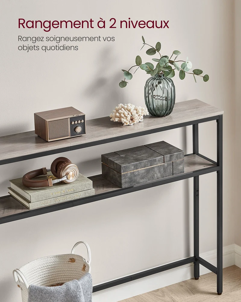 Console pour couloir table de salon fine à 2 niveaux 20 x 120 x 80 cm table d’appoint avec 2 étagères pour salon chambre gris 12_0005226