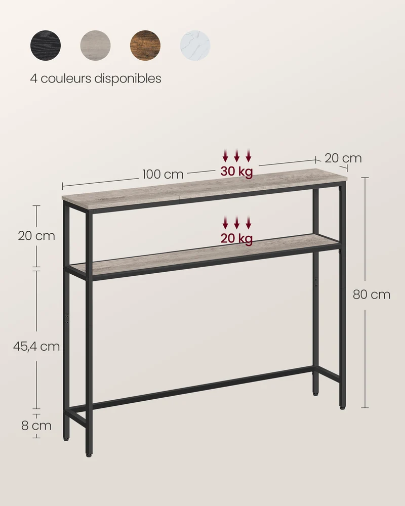 Console pour couloir table de salon fine à 2 niveaux 20 x 120 x 80 cm table d’appoint avec 2 étagères pour salon chambre gris 12_0005226