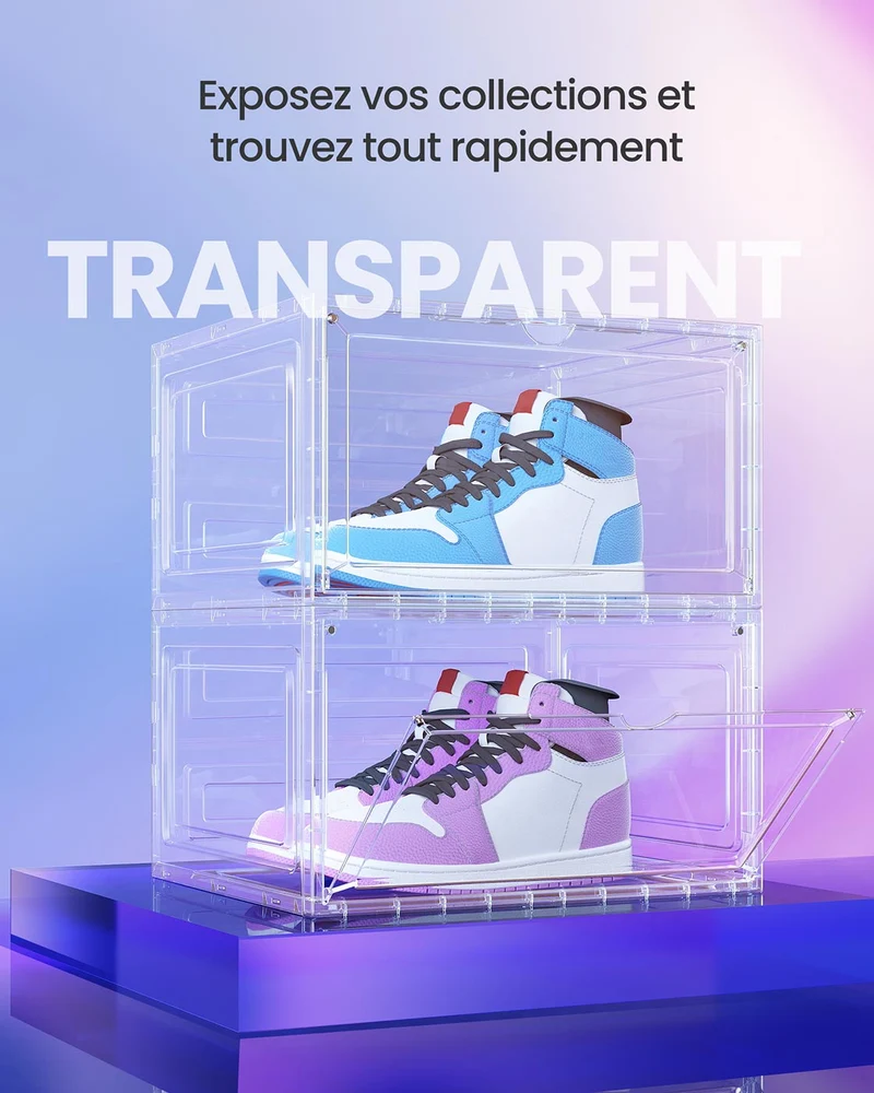 Boîtes à chaussures lot de 6 rangement pour chaussures en plastique avec porte empilable 33 x 285 x 192 cm jusqu’à la pointure 46 blanc transparent 12_0004460