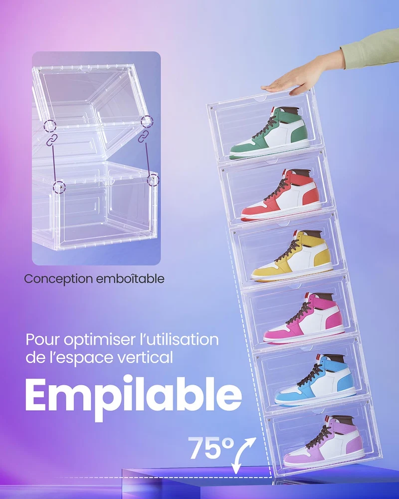 Boîtes à chaussures lot de 6 rangement pour chaussures en plastique avec porte empilable 33 x 285 x 192 cm jusqu’à la pointure 46 blanc transparent 12_0004460