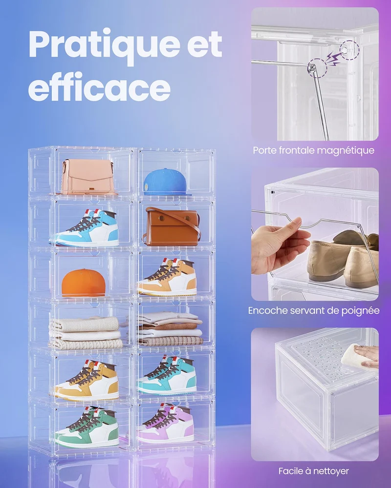 Boîtes à chaussures lot de 6 rangement pour chaussures en plastique avec porte empilable 33 x 285 x 192 cm jusqu’à la pointure 46 blanc transparent 12_0004460