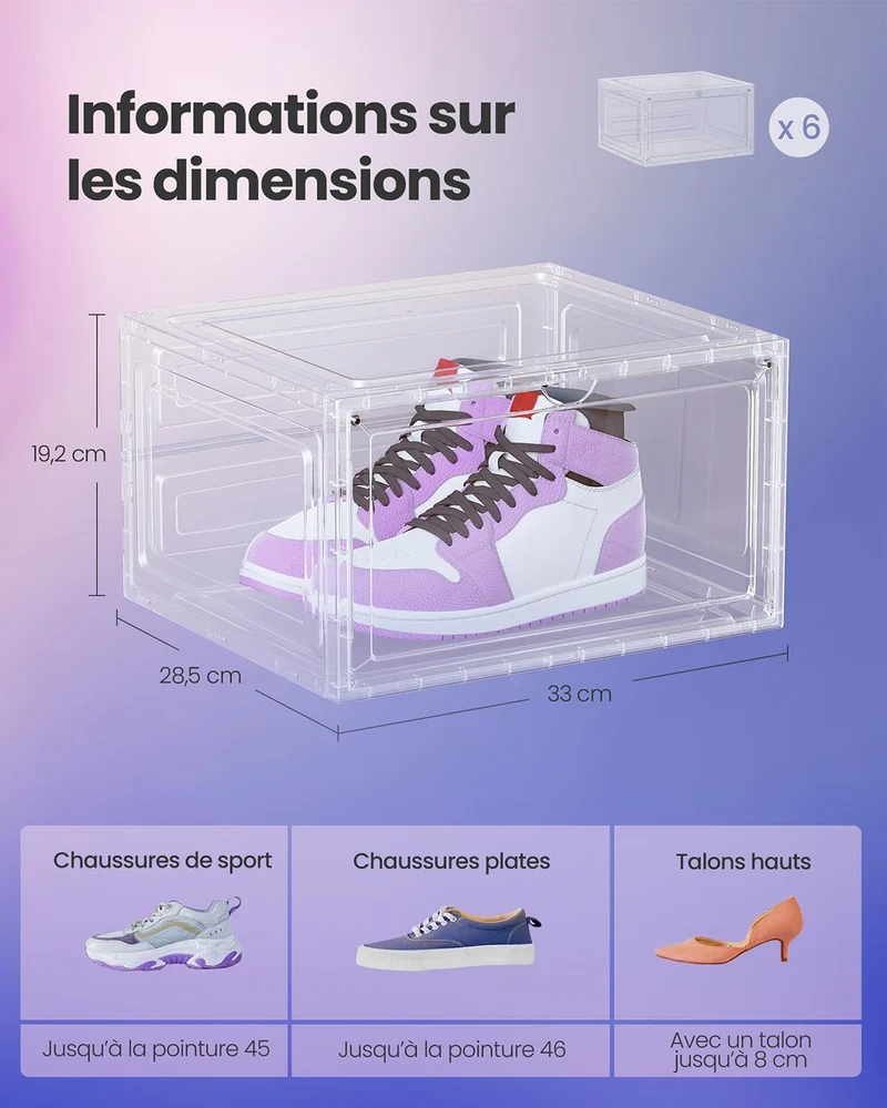 Boîtes à chaussures lot de 6 rangement pour chaussures en plastique avec porte empilable 33 x 285 x 192 cm jusqu’à la pointure 46 blanc transparent 12_0004460