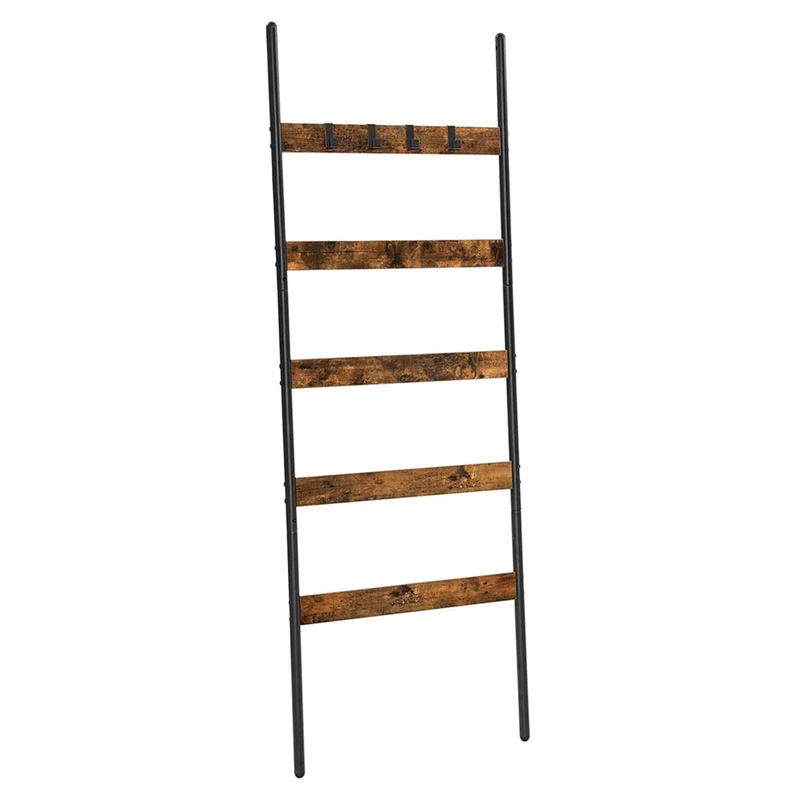 Étagère échelle inclinée porte-serviettes 5 niveaux largeur 65 cm cadre en acier pour couvertures serviettes foulards style industriel marron rustique et noir 12_0005747