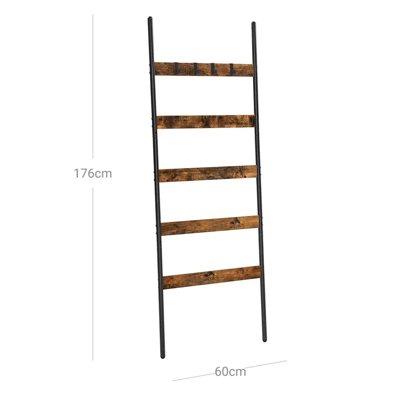 Étagère échelle inclinée porte-serviettes 5 niveaux largeur 65 cm cadre en acier pour couvertures serviettes foulards style industriel marron rustique et noir 12_0005747