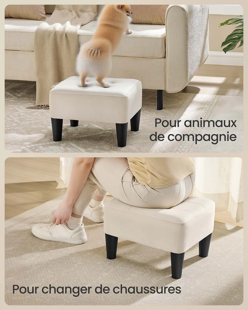 Tabouret repose-pieds en velours pouf rembourrage épais capacité de charge 150 kg pour salon chambre entrée beige 12_0007734