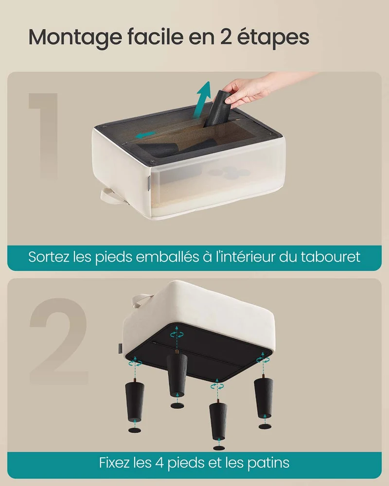 Tabouret repose-pieds en velours pouf rembourrage épais capacité de charge 150 kg pour salon chambre entrée beige 12_0007734