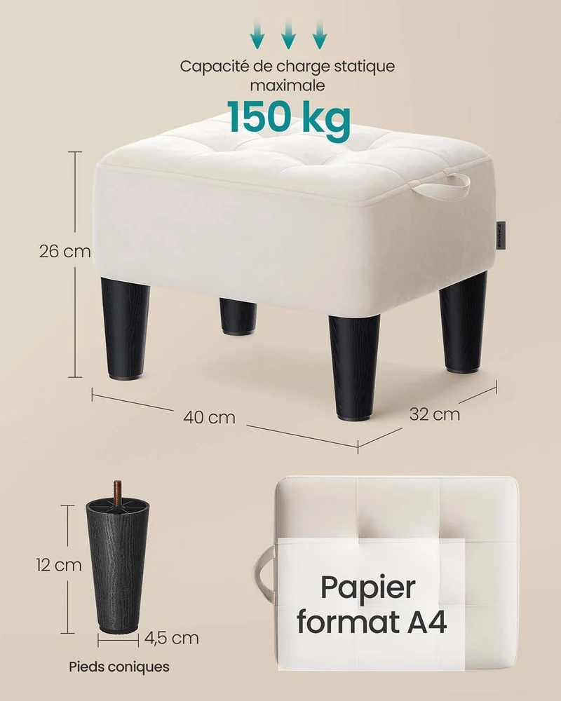 Tabouret repose-pieds en velours pouf rembourrage épais capacité de charge 150 kg pour salon chambre entrée beige 12_0007734