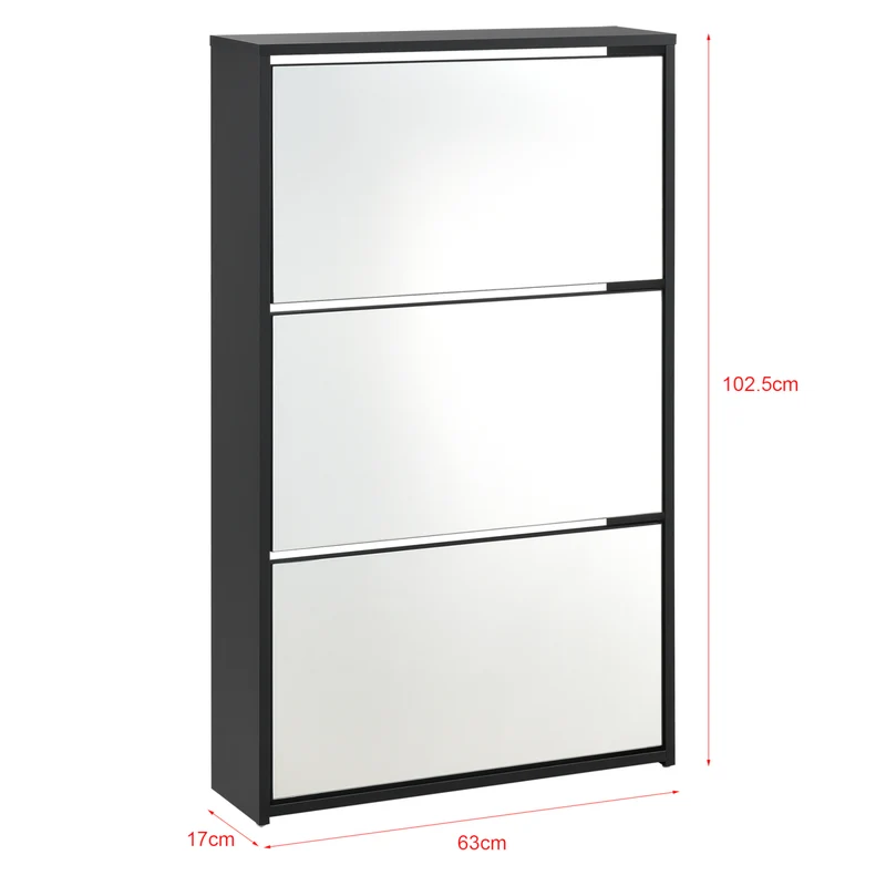 Étagère à chaussures design meuble de rangement 3 compartiments stockage pour 9 paires façade miroir panneaux de particules mélaminés 102,5 x 63 x 17 cm noir 03_0005166