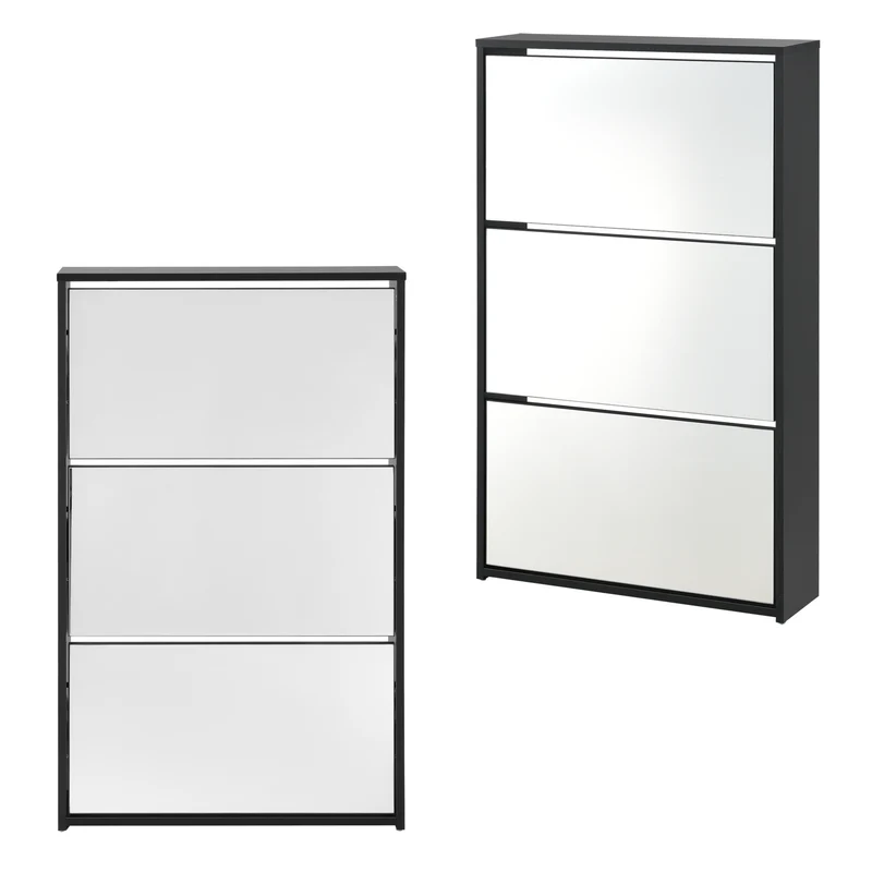 Étagère à chaussures design meuble de rangement 3 compartiments stockage pour 9 paires façade miroir panneaux de particules mélaminés 102,5 x 63 x 17 cm noir 03_0005166