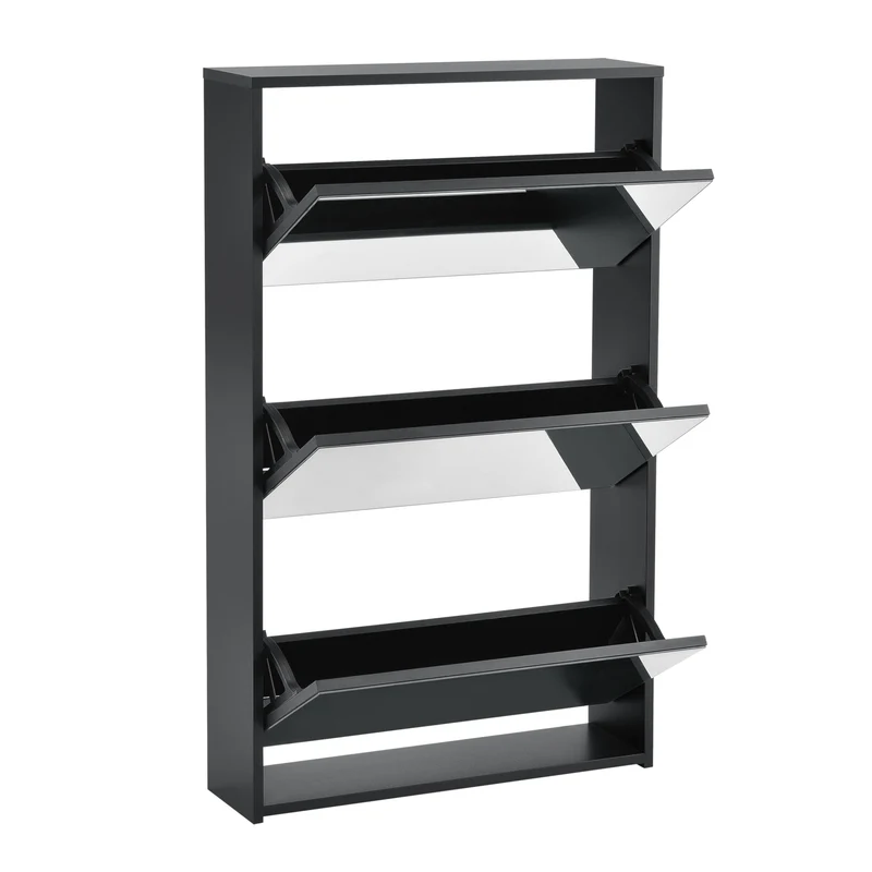 Étagère à chaussures design meuble de rangement 3 compartiments stockage pour 9 paires façade miroir panneaux de particules mélaminés 102,5 x 63 x 17 cm noir 03_0005166