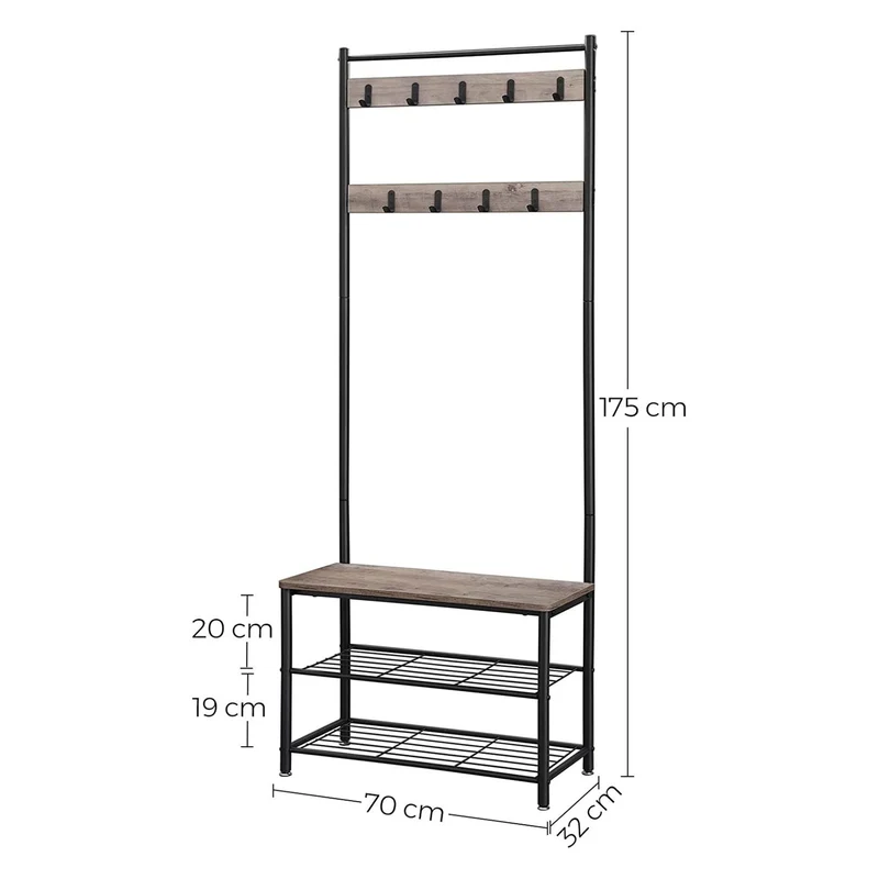 Portemanteau meuble d’entrée vestiaire portant avec banc et étagères à chaussures crochets cadre en métal hauteur 175 cm style industriel grège et noir 12_0002353