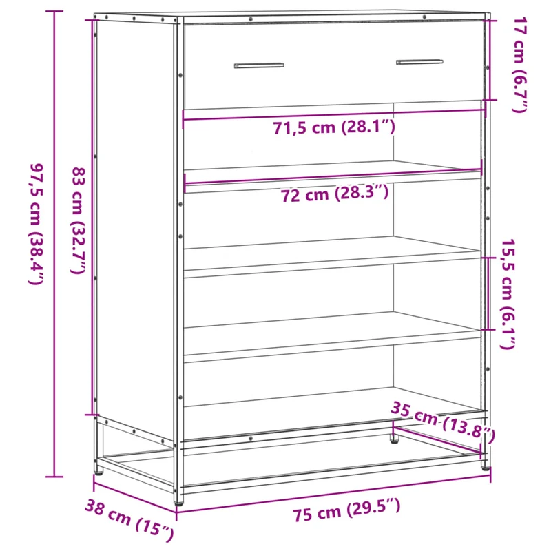 Armoire à chaussures chêne sonoma 75 x 38 x 97,5 cm avec 4 compartiments design moderne en bois d'ingénierie 02_0055629