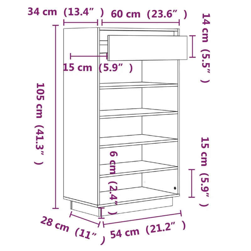 Armoire à chaussures en bois de pin massif pratique avec tiroirs 60 x 34 x 105 cm en bois naturel 02_0048107