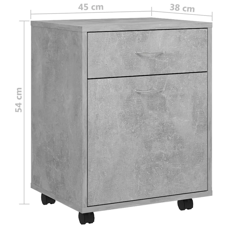 Armoire à roulettes moderne 45 x 38 x 54 cm avec 1 tiroir pratique en bois d’ingénierie gris béton 02_0047917