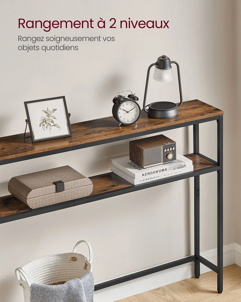 Console pour couloir table de salon fine à 2 niveaux 20 x 120 x 80 cm table d’appoint avec 2 étagères pour salon chambre marron 12_0005228
