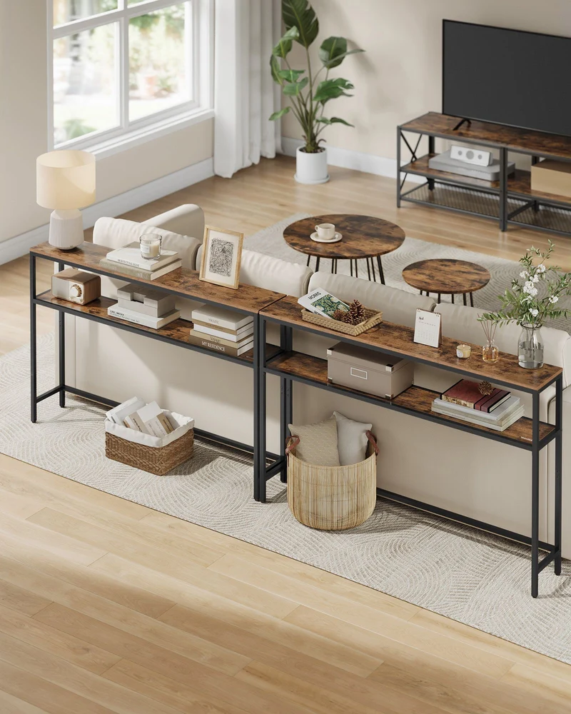Console pour couloir table de salon fine à 2 niveaux 20 x 120 x 80 cm table d’appoint avec 2 étagères pour salon chambre marron 12_0005228