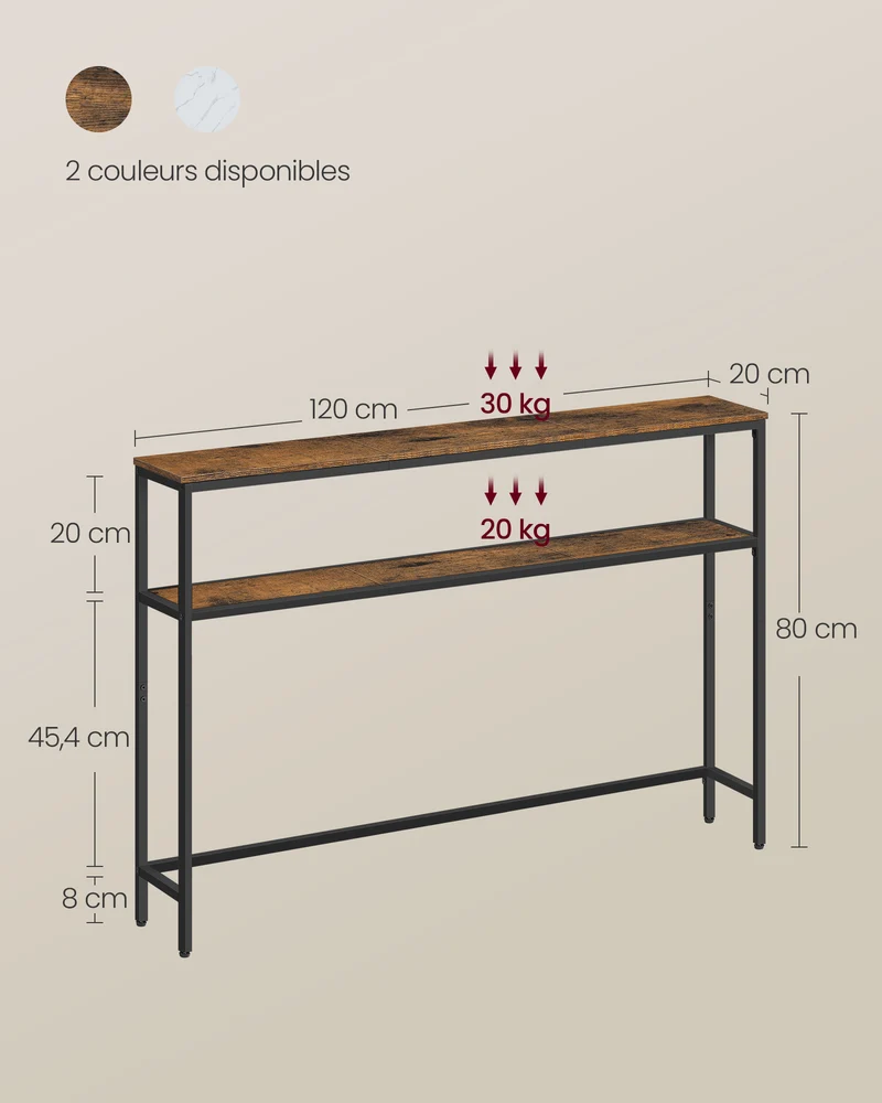 Console pour couloir table de salon fine à 2 niveaux 20 x 120 x 80 cm table d’appoint avec 2 étagères pour salon chambre marron 12_0005228