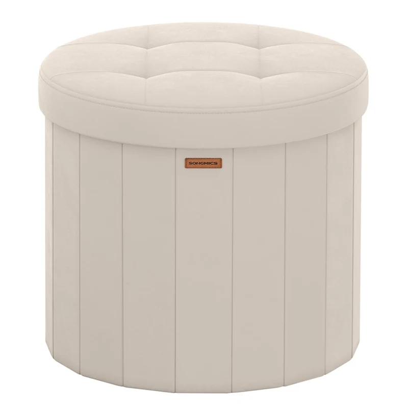 Tabouret de rangement rond repose-pieds avec couvercle 46 x 45 cm amovible pliable montage facile en tissu peluche pour chambre salon entrée beige 12_0006351