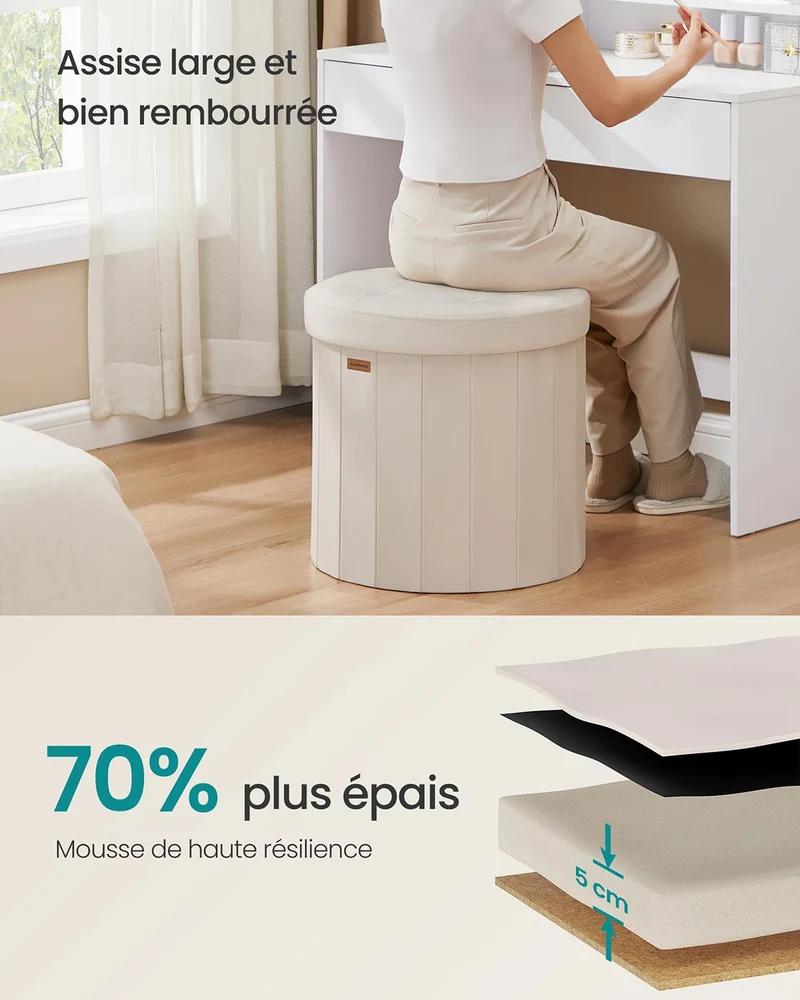 Tabouret de rangement rond repose-pieds avec couvercle 46 x 45 cm amovible pliable montage facile en tissu peluche pour chambre salon entrée beige 12_0006351