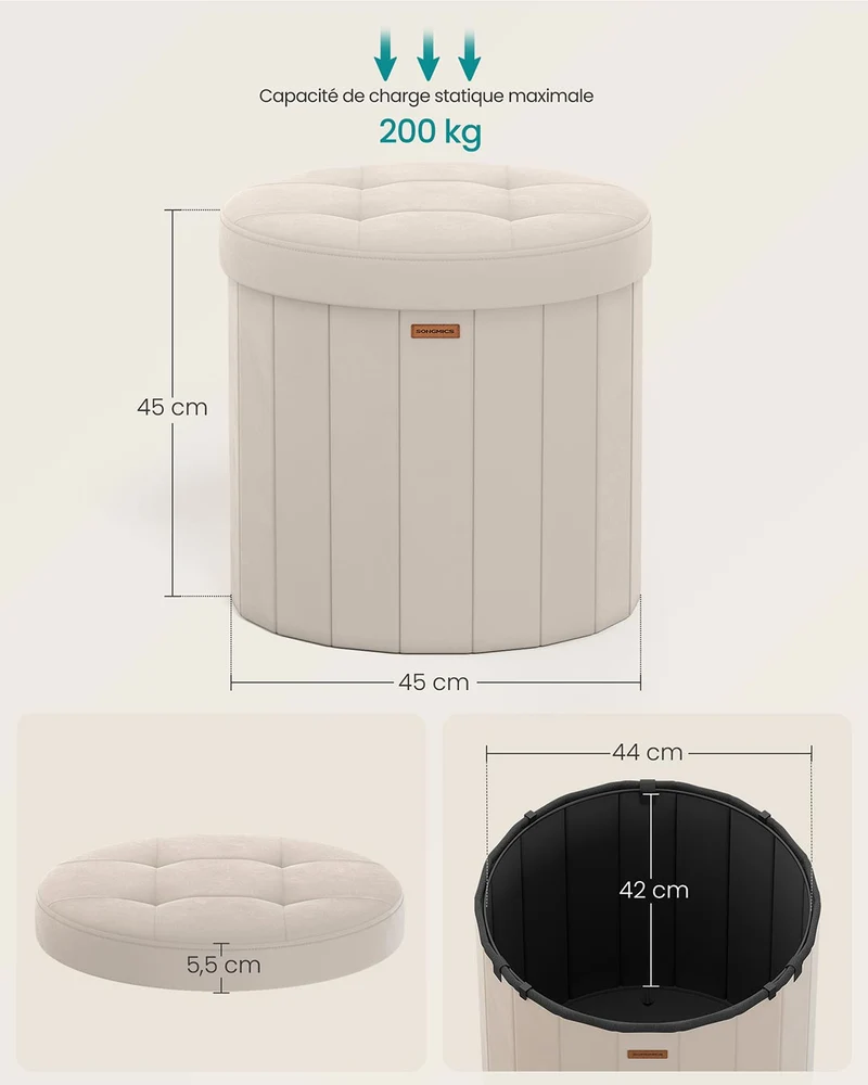 Tabouret de rangement rond repose-pieds avec couvercle 46 x 45 cm amovible pliable montage facile en tissu peluche pour chambre salon entrée beige 12_0006351