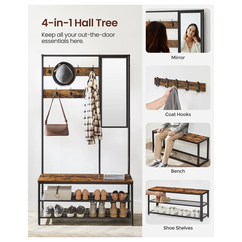Meuble d’entrée avec crochets miroir banc et étagère à chaussures porte-manteaux vestiaire 35 x 98 x 180 cm couloir chambre salon style industriel marron 12_0006388