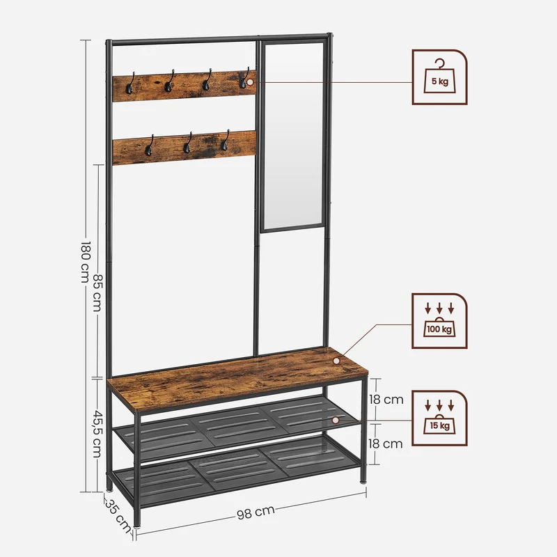 Meuble d’entrée avec crochets miroir banc et étagère à chaussures porte-manteaux vestiaire 35 x 98 x 180 cm couloir chambre salon style industriel marron 12_0006388