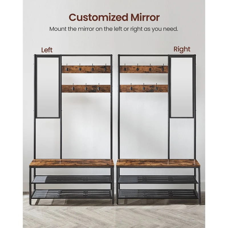 Meuble d’entrée avec crochets miroir banc et étagère à chaussures porte-manteaux vestiaire 35 x 98 x 180 cm couloir chambre salon style industriel marron 12_0006388