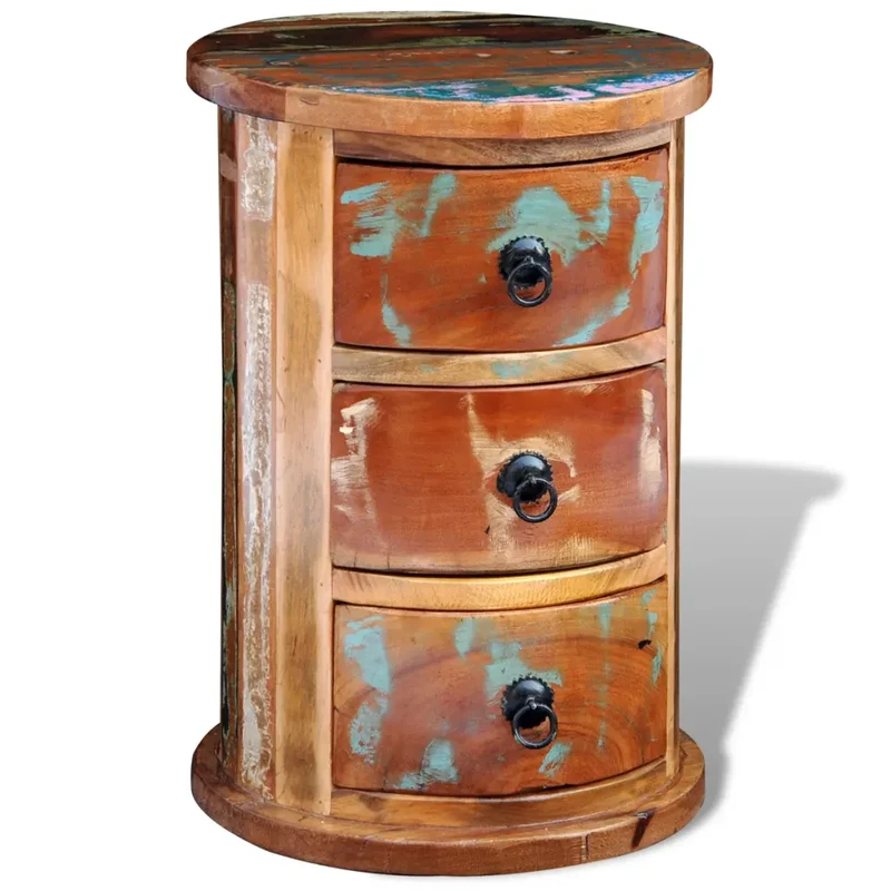 Armoire ronde vintage style antique 30 x 30 x 45 cm avec 3 tiroirs multicolores en bois de récupération 02_0046260
