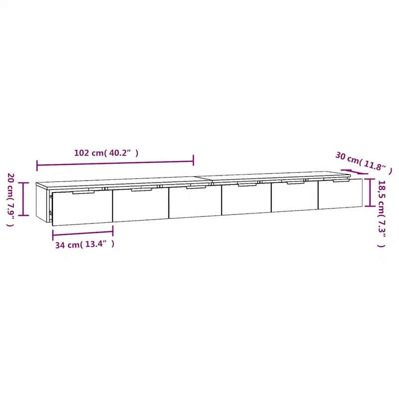 Lot de 2 armoires murales flottantes polyvalentes rangement 102 x 30 x 20 cm en bois d'ingénierie chêne sonoma 02_0055231