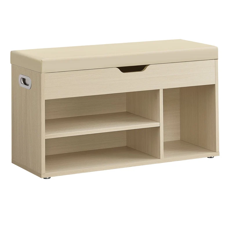 Banc à chaussures rembourré banc de rangement 3 compartiments rangement caché étagères pour salon entrée chambre capacité de charge 150 kg beige 12_0004108