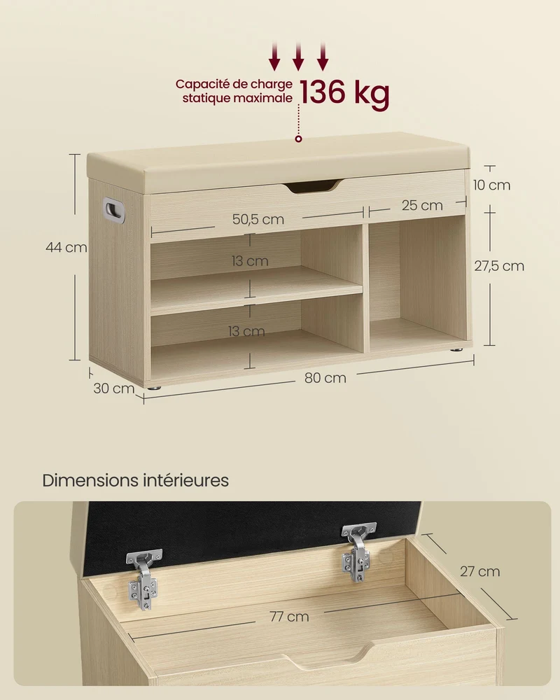 Banc à chaussures rembourré banc de rangement 3 compartiments rangement caché étagères pour salon entrée chambre capacité de charge 150 kg beige 12_0004108