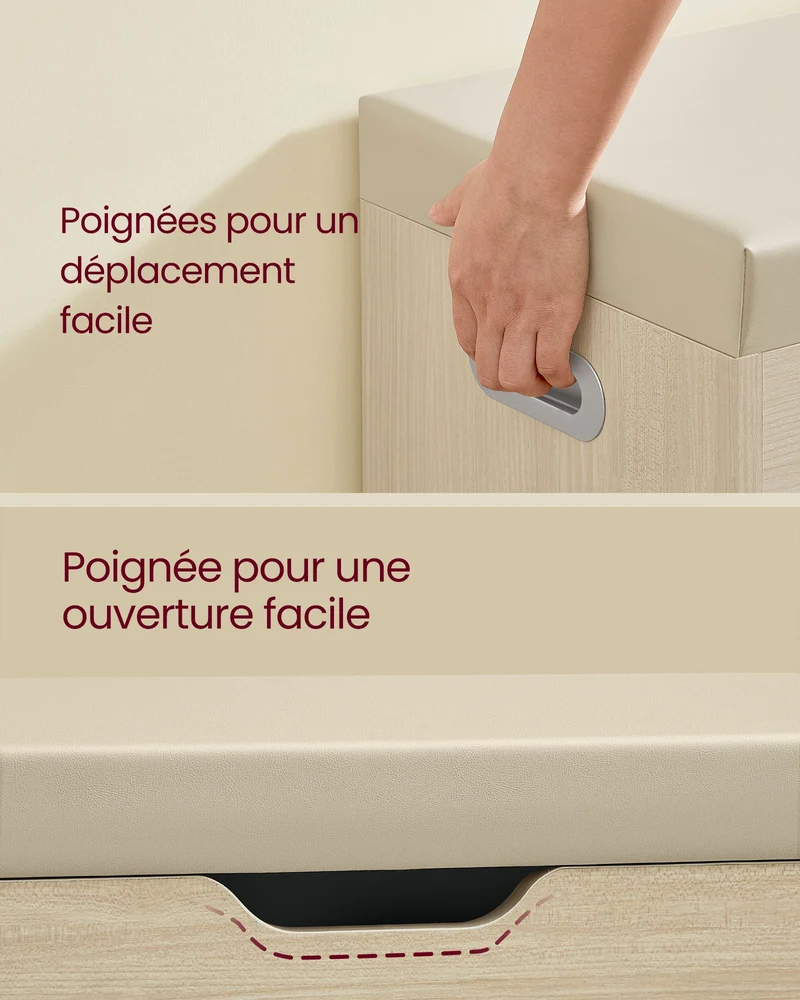 Banc à chaussures rembourré banc de rangement 3 compartiments rangement caché étagères pour salon entrée chambre capacité de charge 150 kg beige 12_0004108