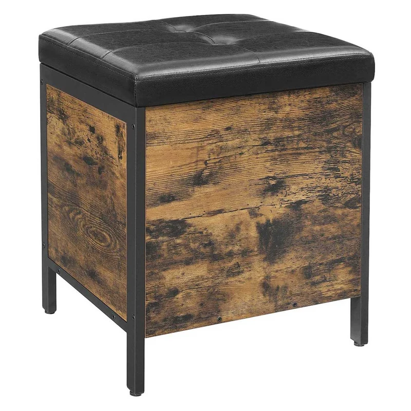 Tabouret banc avec coffre de rangement siège rembourré pour entrée chambre salon cadre en acier montage simple surface en pu style industriel 50 cm marron rustique et noir 12_0002772