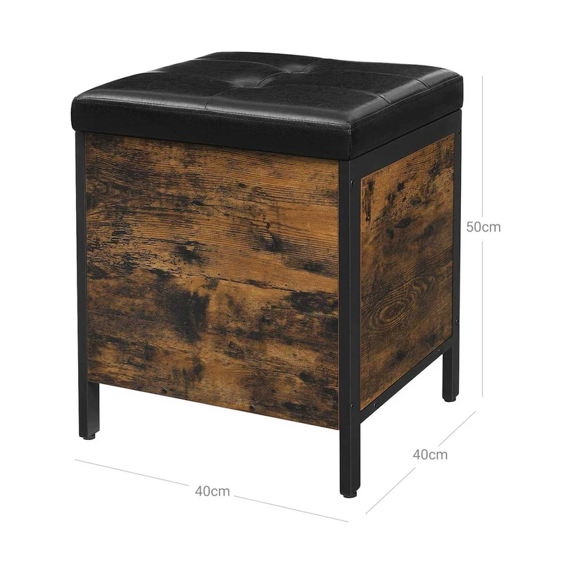 Tabouret banc avec coffre de rangement siège rembourré pour entrée chambre salon cadre en acier montage simple surface en pu style industriel 50 cm marron rustique et noir 12_0002772