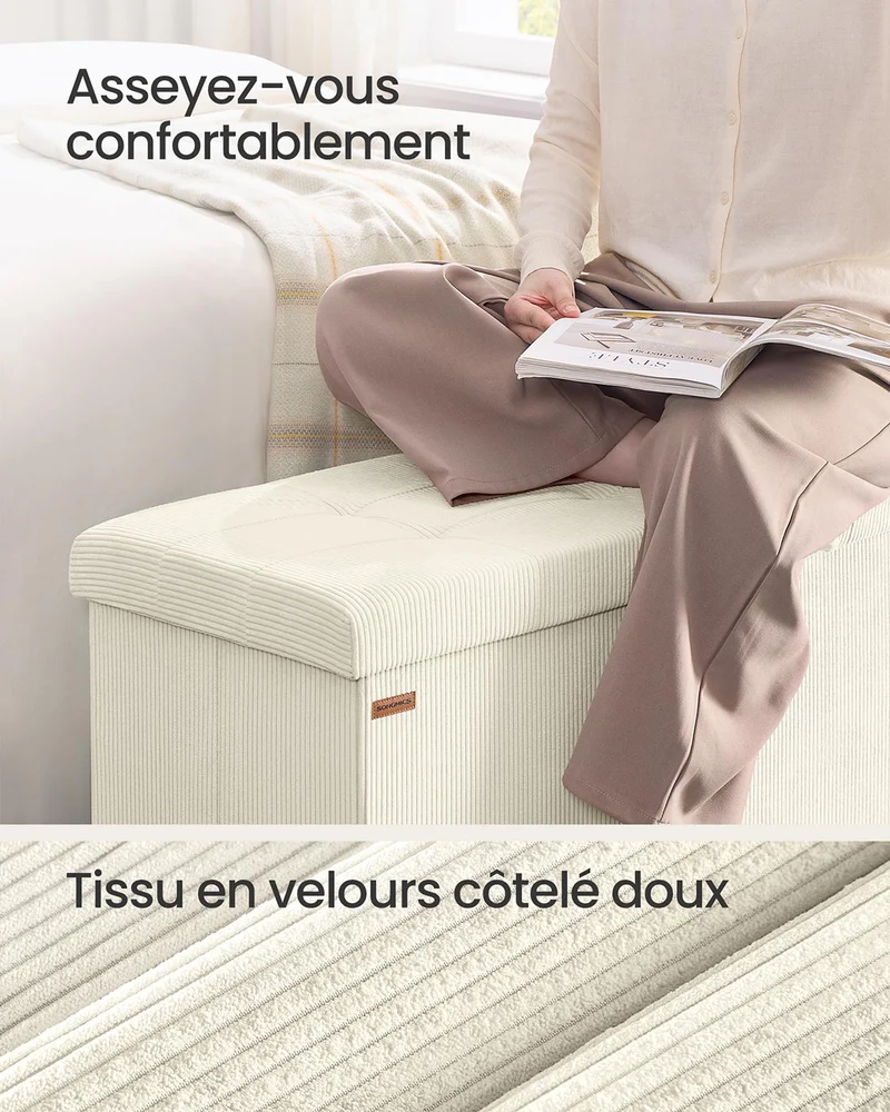 Banc de rangement pouf pliable 38 x 76 x 38 cm bout de lit repose-pieds coffre de rangement charge jusqu'à 300 kg pour salon chambre entrée blanc 12_0004170