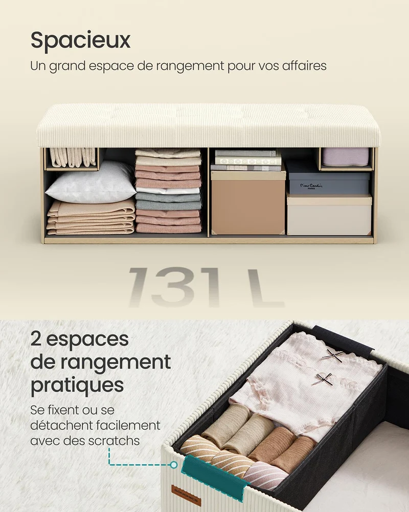 Banc de rangement pouf pliable 38 x 76 x 38 cm bout de lit repose-pieds coffre de rangement charge jusqu'à 300 kg pour salon chambre entrée blanc 12_0004170