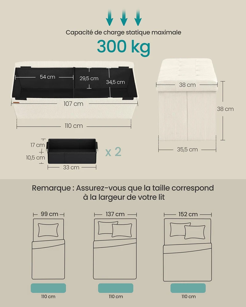 Banc de rangement pouf pliable 38 x 76 x 38 cm bout de lit repose-pieds coffre de rangement charge jusqu'à 300 kg pour salon chambre entrée blanc 12_0004170