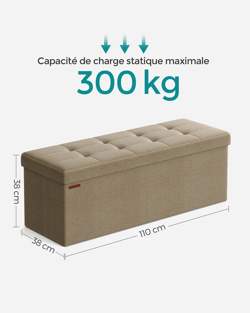Banc de rangement pliable pouf coffre bout de lit banquette 110 x 38 x 38 cm tissu façon lin charge 300 kg pour entrée chambre beige 12_0004151