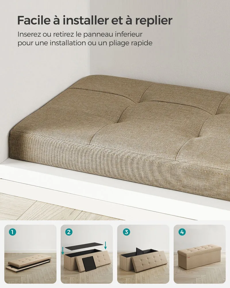 Banc de rangement pliable pouf coffre bout de lit banquette 110 x 38 x 38 cm tissu façon lin charge 300 kg pour entrée chambre beige 12_0004151