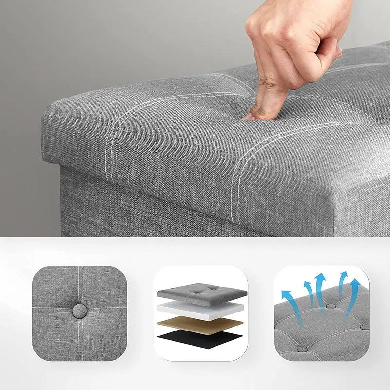 Banc de rangement 80 litres coffre boîte pouf pliable en tissu façon lin charge 300 kg pour salon chambre couloir gris clair 12_0004130