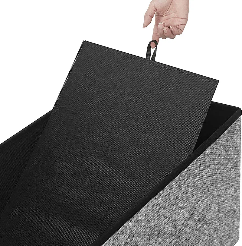 Banc de rangement 80 litres coffre boîte pouf pliable en tissu façon lin charge 300 kg pour salon chambre couloir gris clair 12_0004130