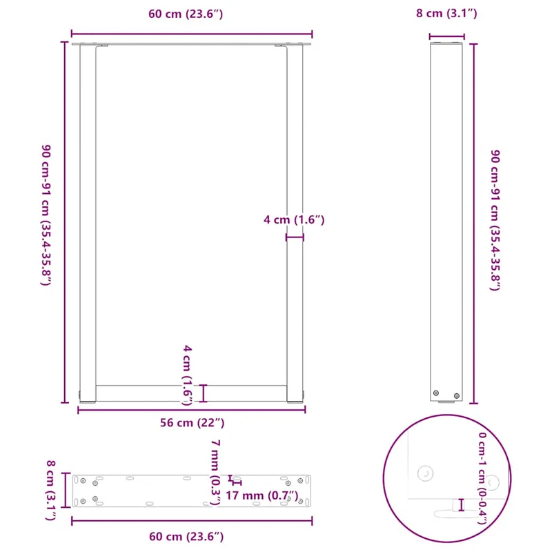 Lot de 2 pieds de table de bar en U 60 x 90-91 cm design moderne avec niveleurs pratiques en acier noir 02_0057464